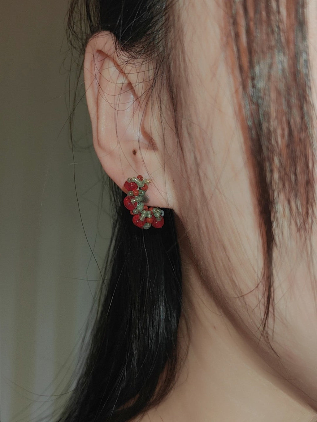 Chinoiserie Colored Glaze Pearl Hoop Earrings,Studs / Red,Lumivault.