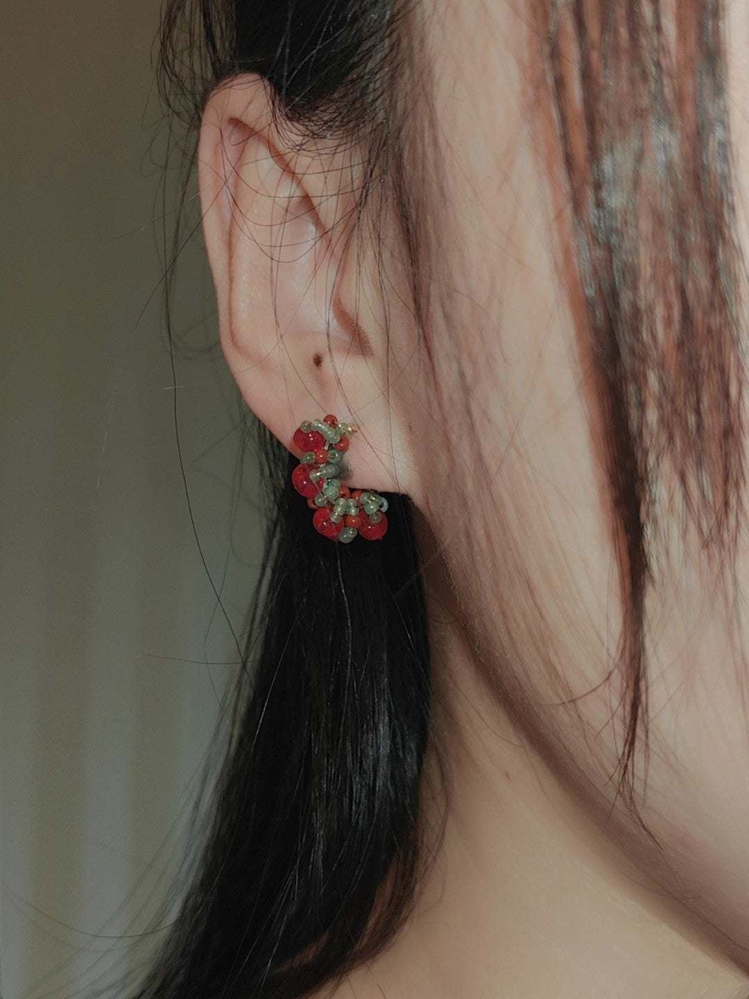 Chinoiserie Colored Glaze Pearl Hoop Earrings,Studs / Red,Lumivault.