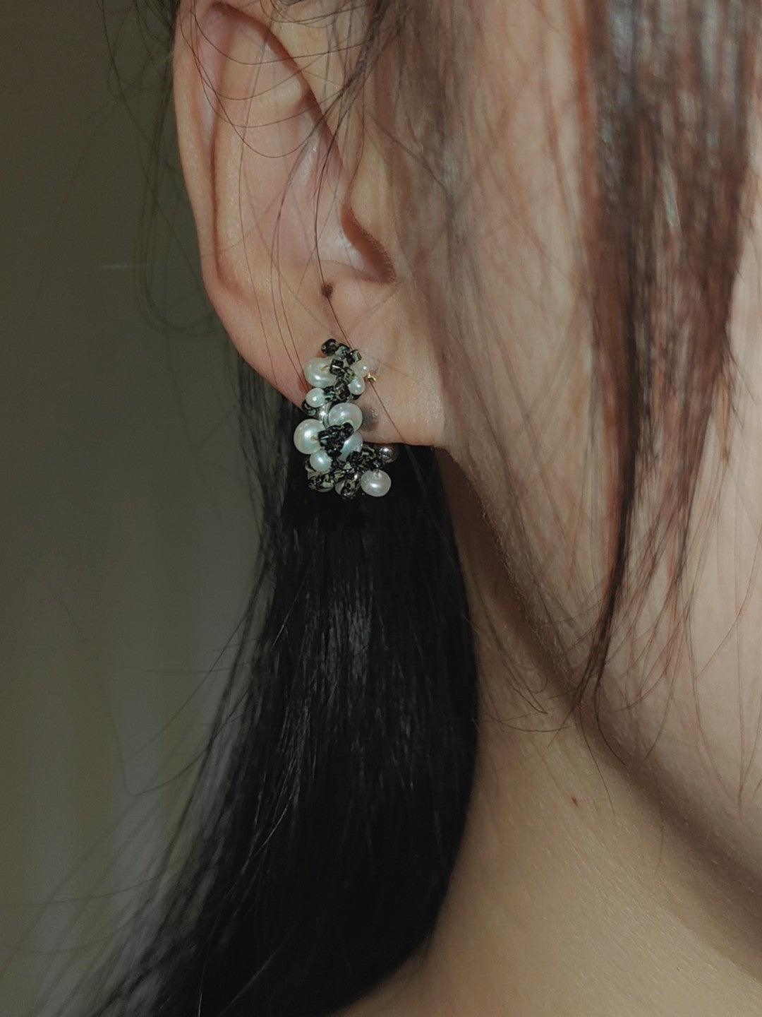 Chinoiserie Colored Glaze Pearl Hoop Earrings,Studs / Black,Lumivault.