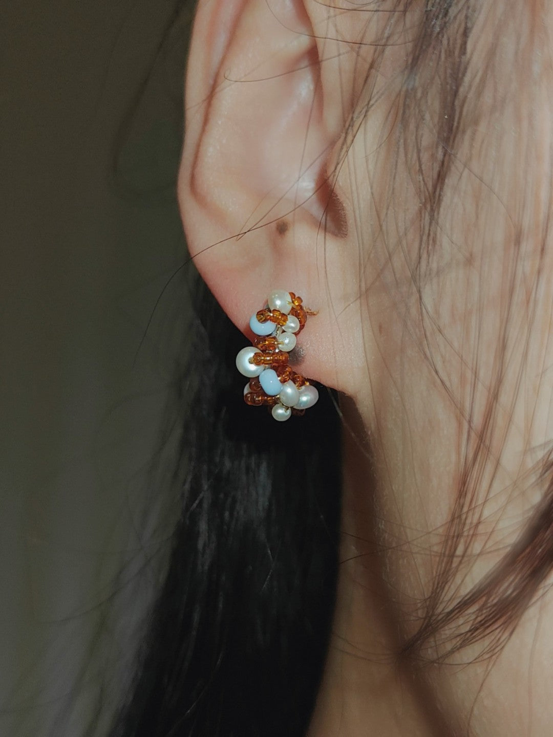 Chinoiserie Colored Glaze Pearl Hoop Earrings,Studs / Brown,Lumivault.