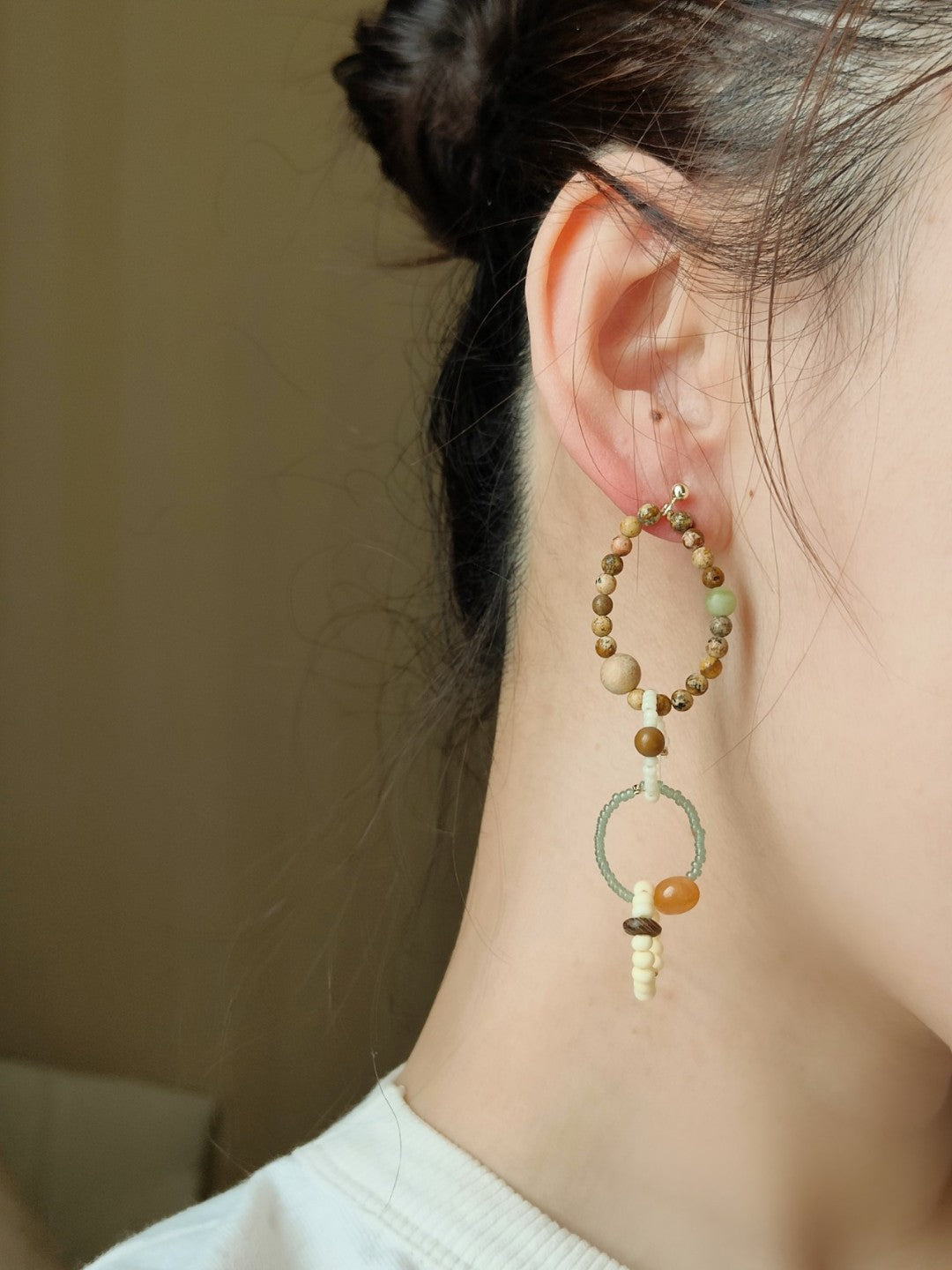 Chinoiserie Colorful Natural Jade Hoop Earrings,Lumivault.