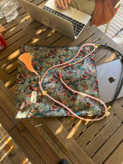 Chinoiserie Dunhuang Butterfly Bloom Beaded Tassel Silk Bag - Lumivault
