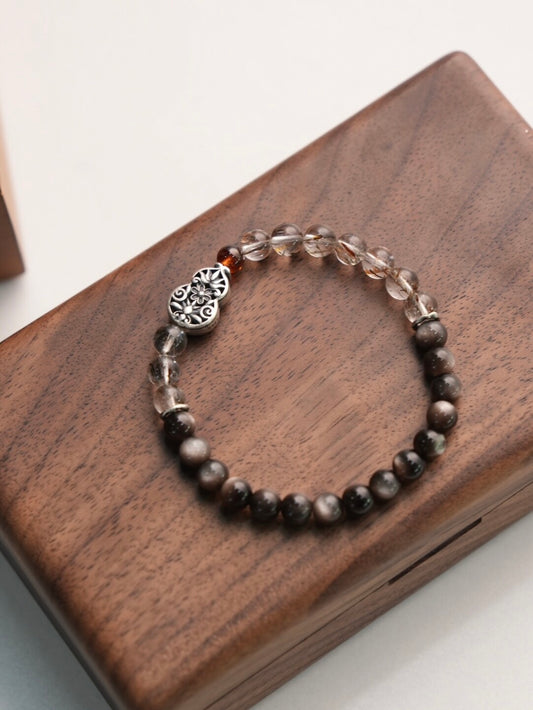 「Chinoiserie」Fortune Peanut Silver Obsidian Beaded Bracelet - Lumivault