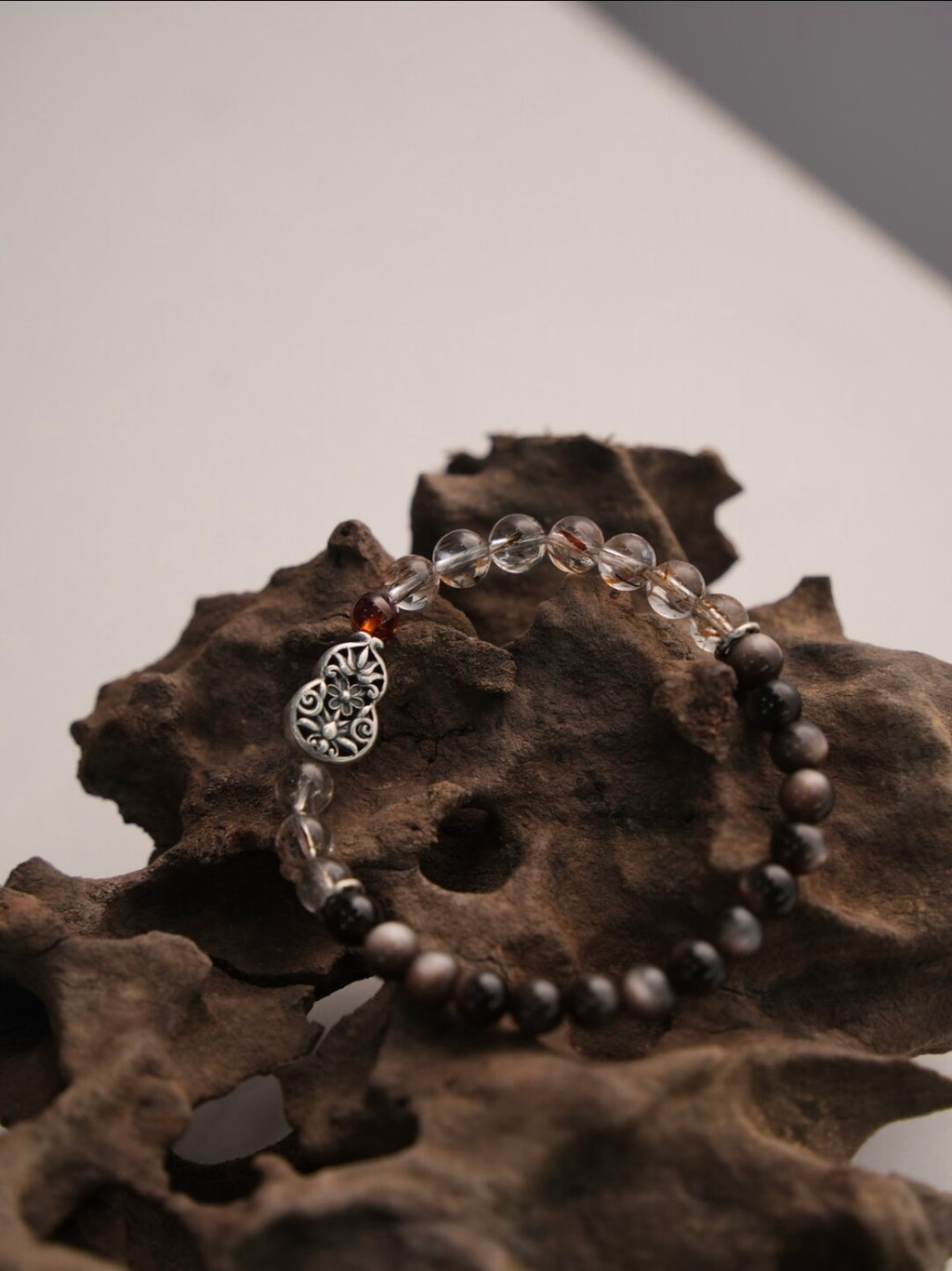 「Chinoiserie」Fortune Peanut Silver Obsidian Beaded Bracelet,Lumivault.