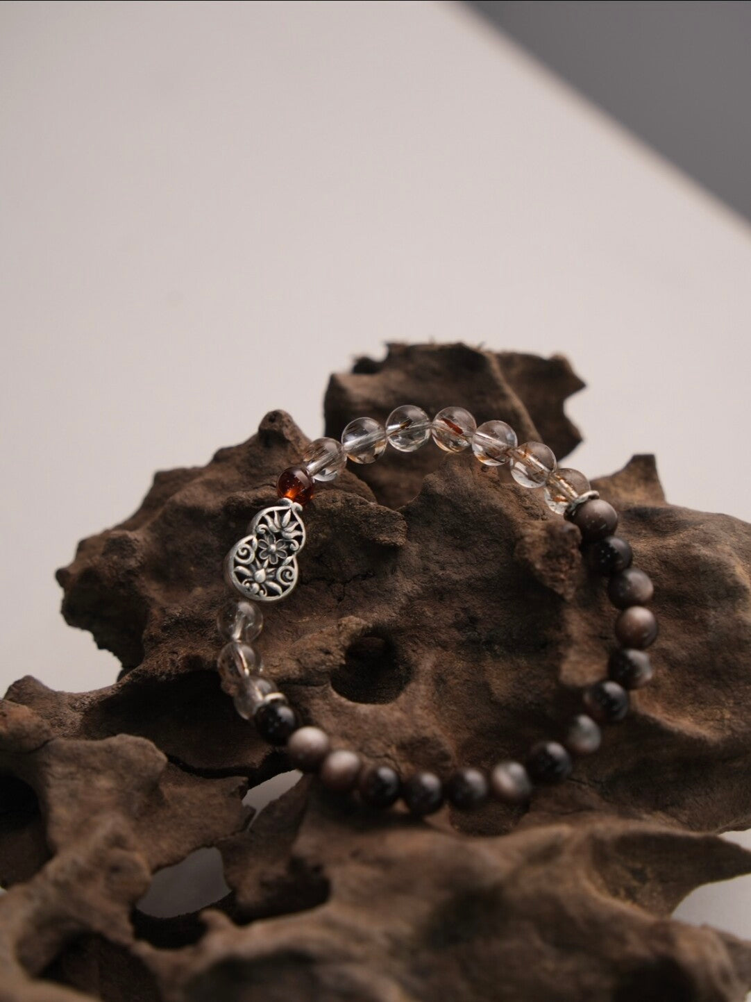 「Chinoiserie」Fortune Peanut Silver Obsidian Beaded Bracelet,Lumivault.