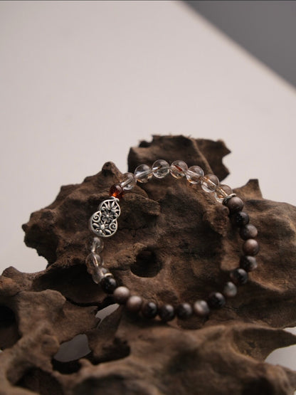 「Chinoiserie」Fortune Peanut Silver Obsidian Beaded Bracelet - Lumivault