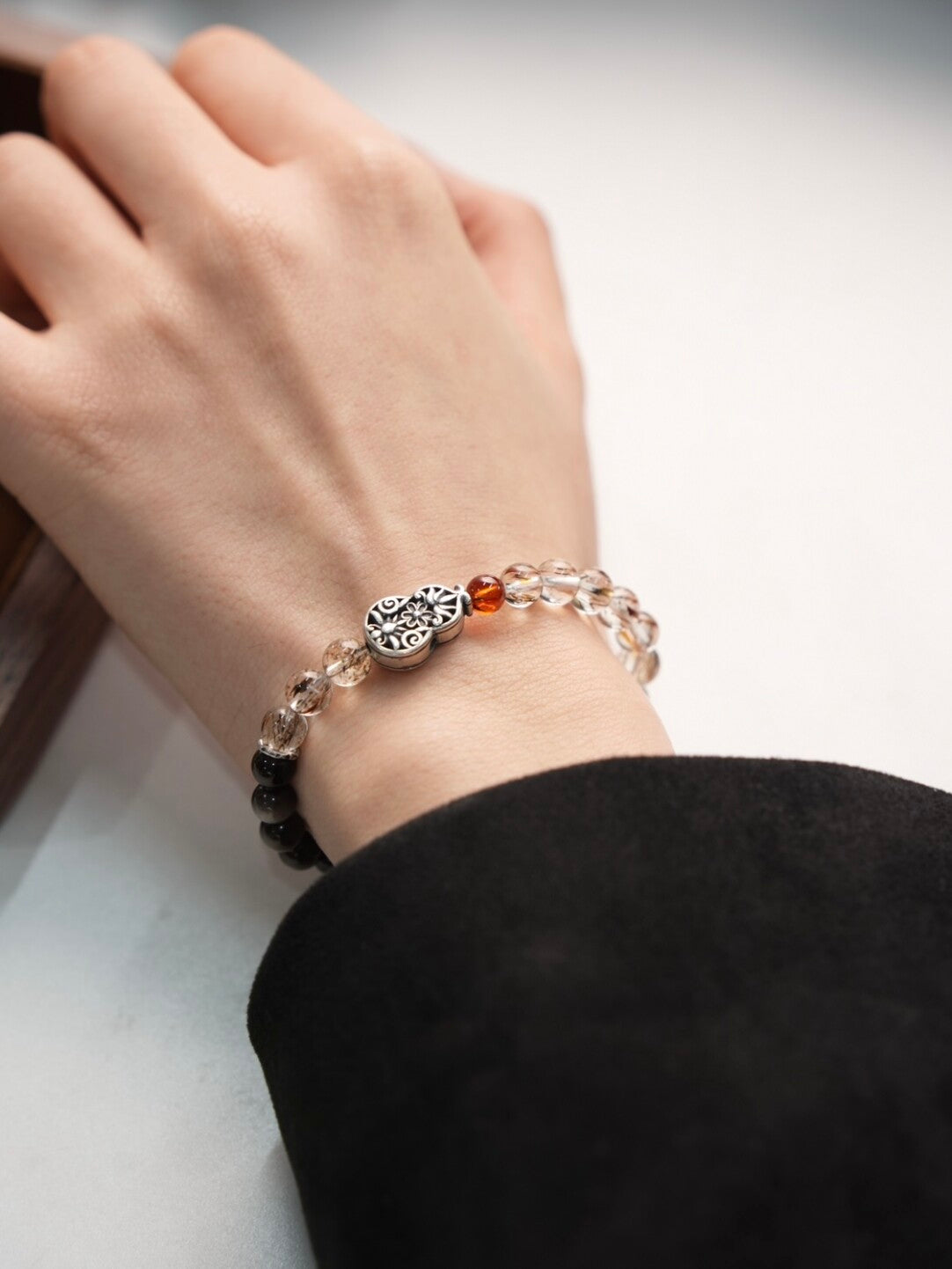 「Chinoiserie」Fortune Peanut Silver Obsidian Beaded Bracelet,Lumivault.