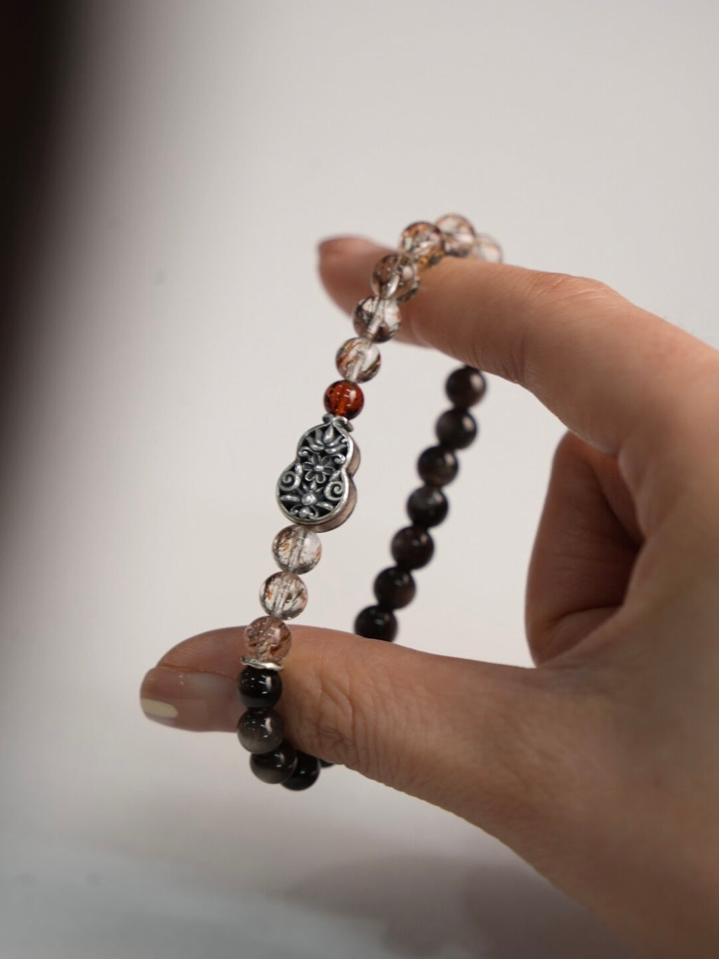 「Chinoiserie」Fortune Peanut Silver Obsidian Beaded Bracelet,Lumivault.