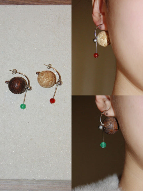 Chinoiserie Geometric Sandalwood Sphere Earrings,Lumivault.