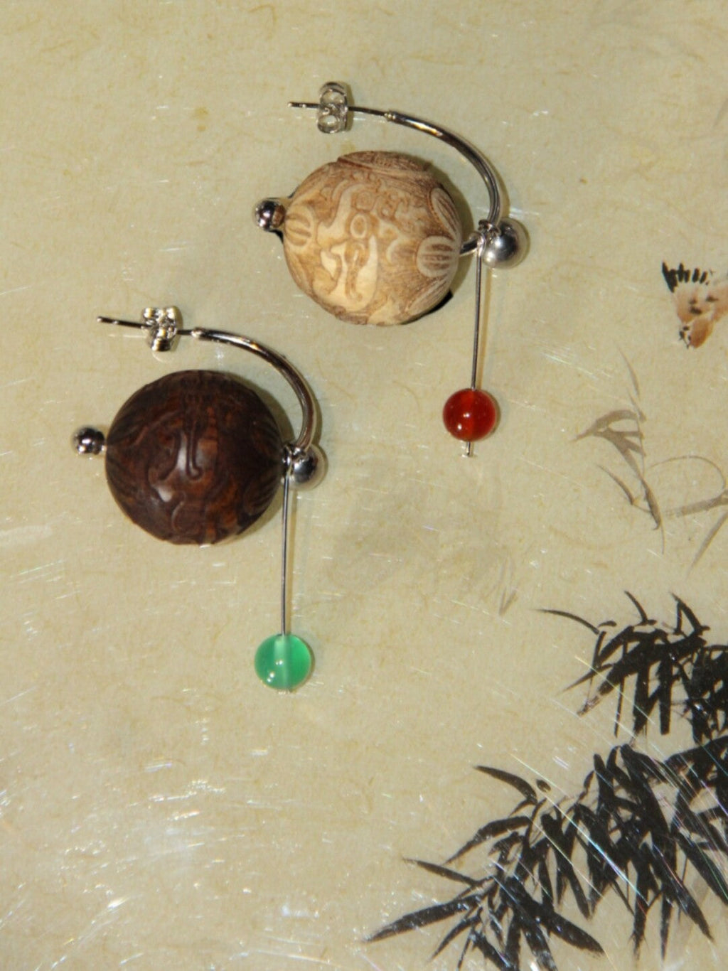 Chinoiserie Geometric Sandalwood Sphere Earrings,Lumivault.