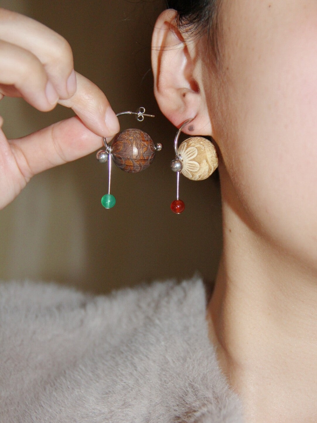 Chinoiserie Geometric Sandalwood Sphere Earrings,Lumivault.