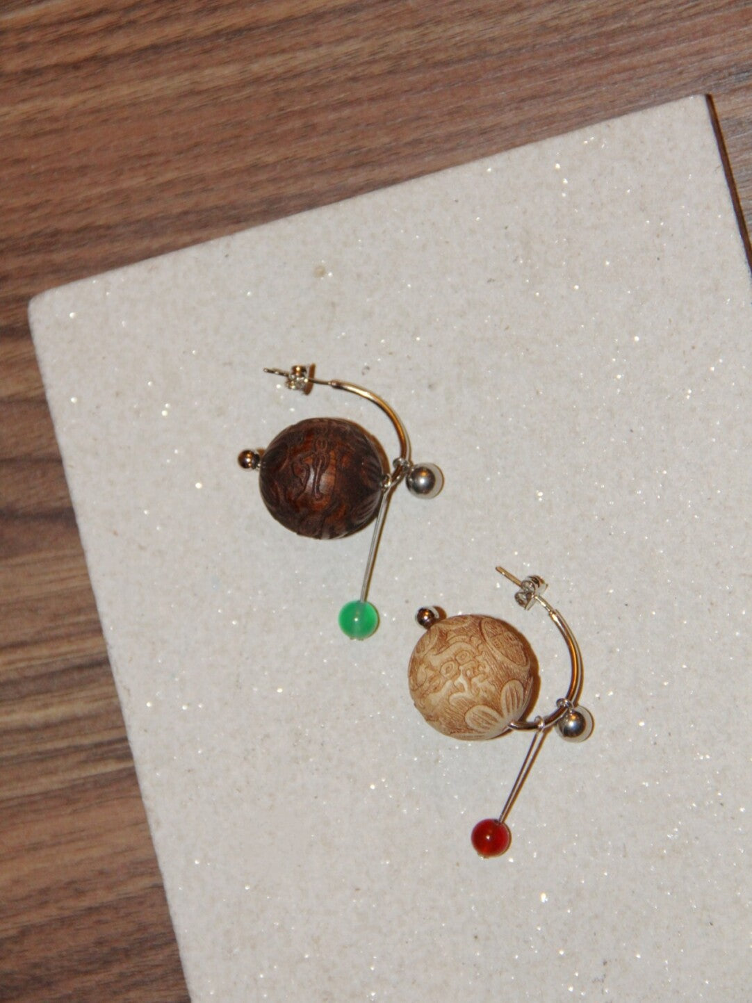 Chinoiserie Geometric Sandalwood Sphere Earrings,Lumivault.