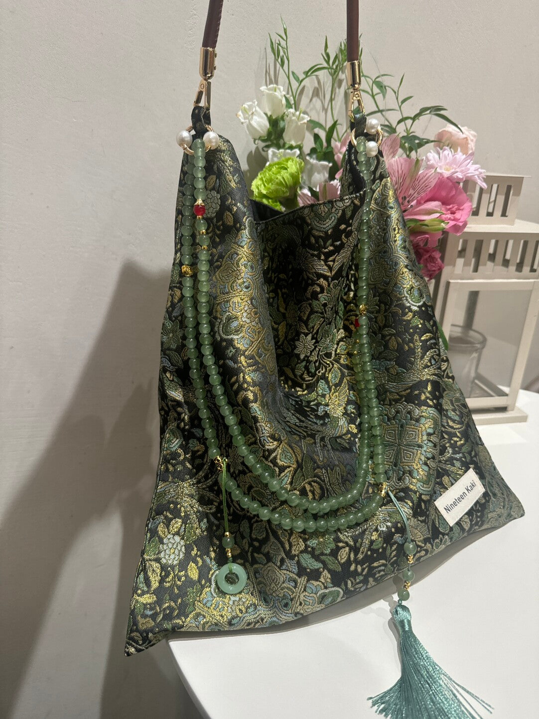 Chinoiserie Golden Green Beaded Tassel Silk Bag - Lumivault