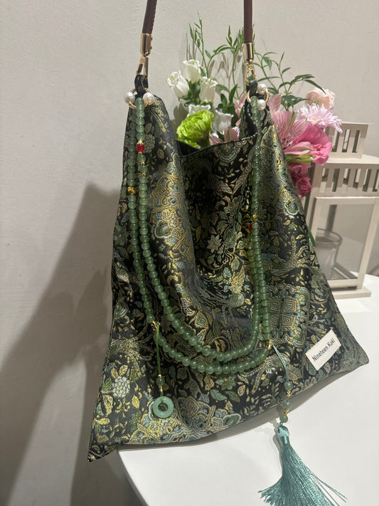 Chinoiserie Golden Green Beaded Tassel Silk Bag - Lumivault