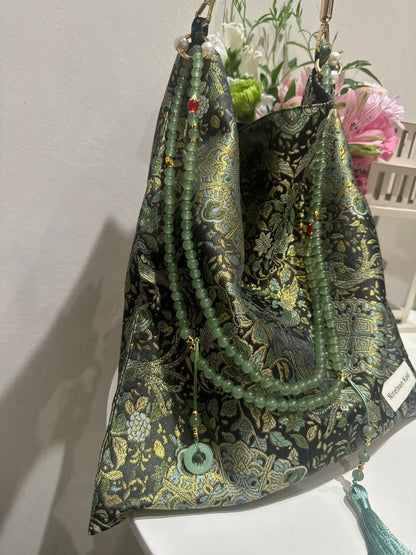 Chinoiserie Golden Green Beaded Tassel Silk Bag - Lumivault