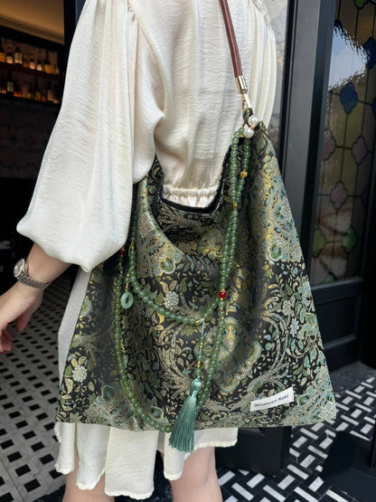 Chinoiserie Golden Green Beaded Tassel Silk Bag - Lumivault