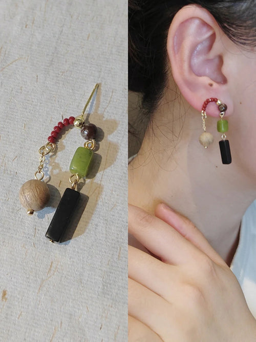 Chinoiserie Green Grape Natural Jade Sandalwood Beaded Earrings,Lumivault.