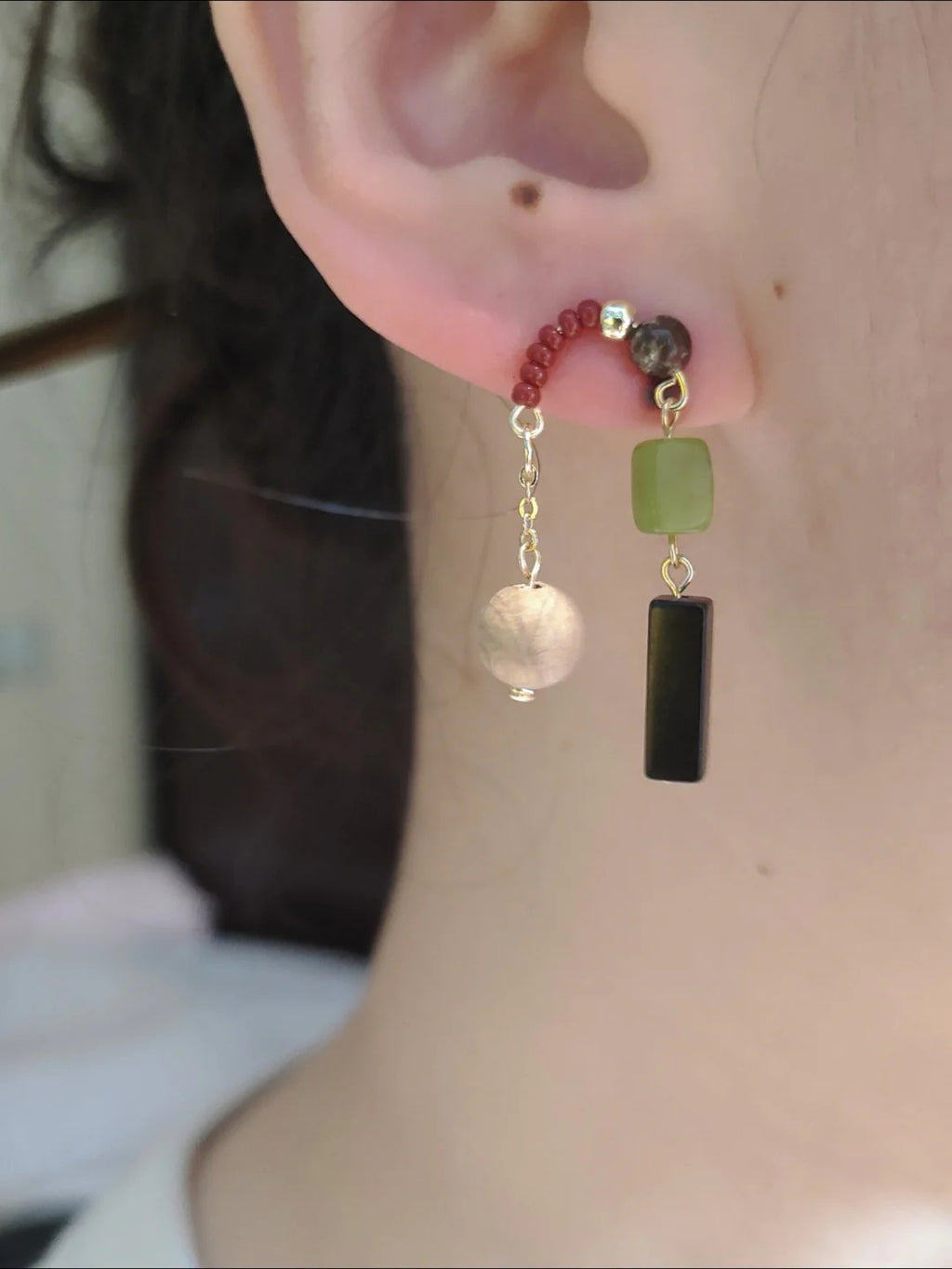 Chinoiserie Green Grape Natural Jade Sandalwood Beaded Earrings,Lumivault.