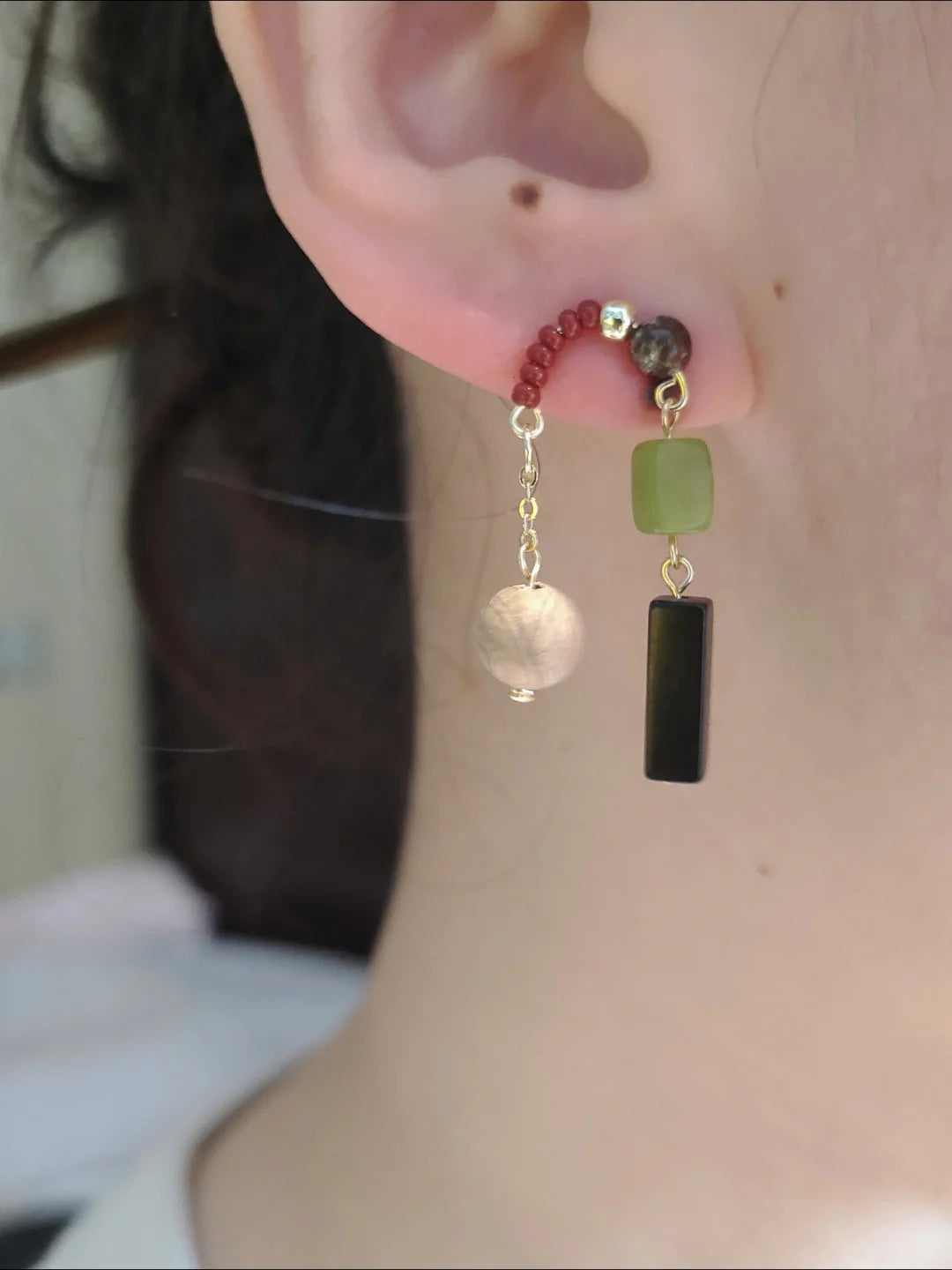 Chinoiserie Green Grape Natural Jade Sandalwood Beaded Earrings,Lumivault.