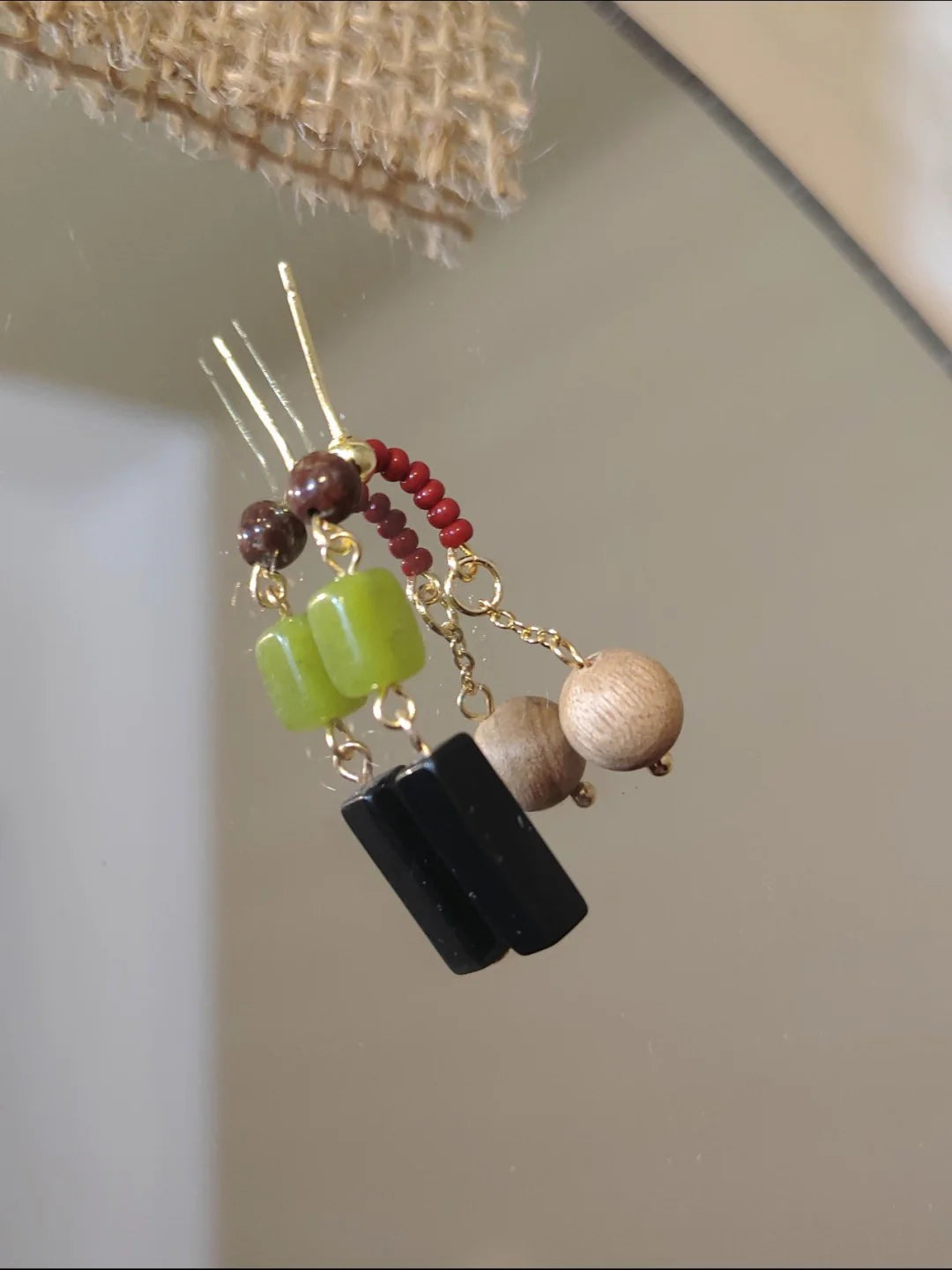 Chinoiserie Green Grape Natural Jade Sandalwood Beaded Earrings,Lumivault.
