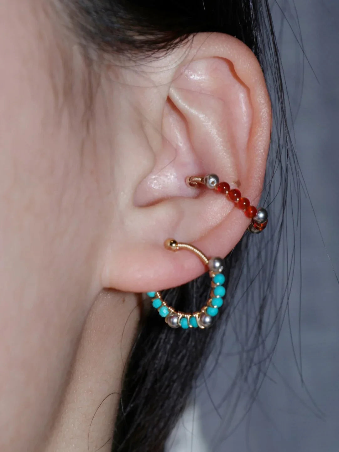 「Chinoiserie」Handmade Mini Red and Green Earring Clips,Lumivault.