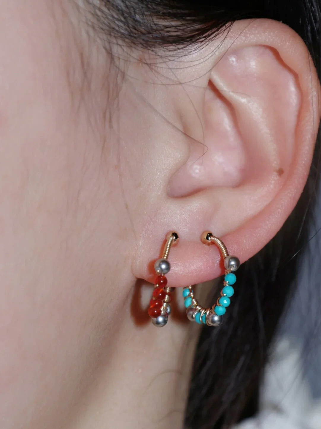 「Chinoiserie」Handmade Mini Red and Green Earring Clips,Lumivault.