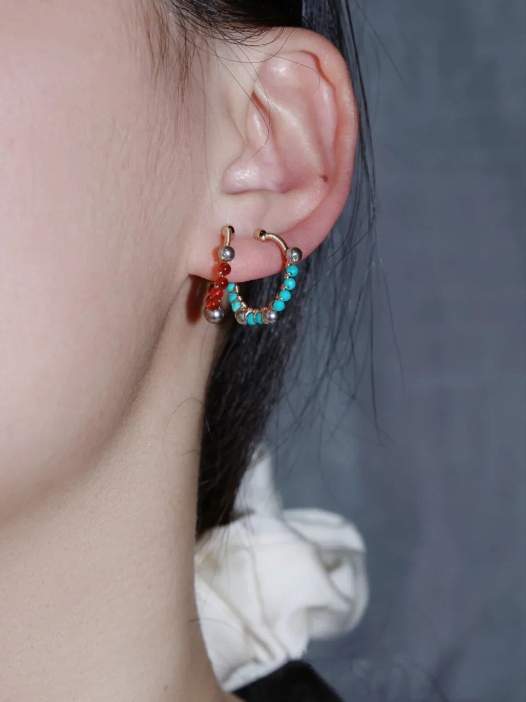 「Chinoiserie」Handmade Mini Red and Green Earring Clips,Lumivault.