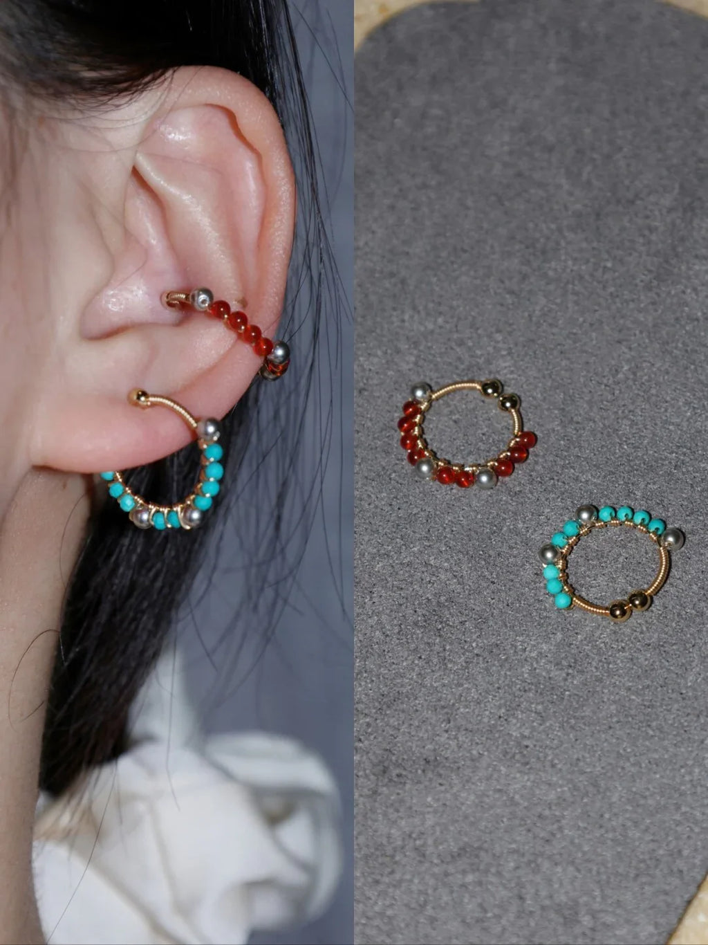「Chinoiserie」Handmade Mini Red and Green Earring Clips,Lumivault.