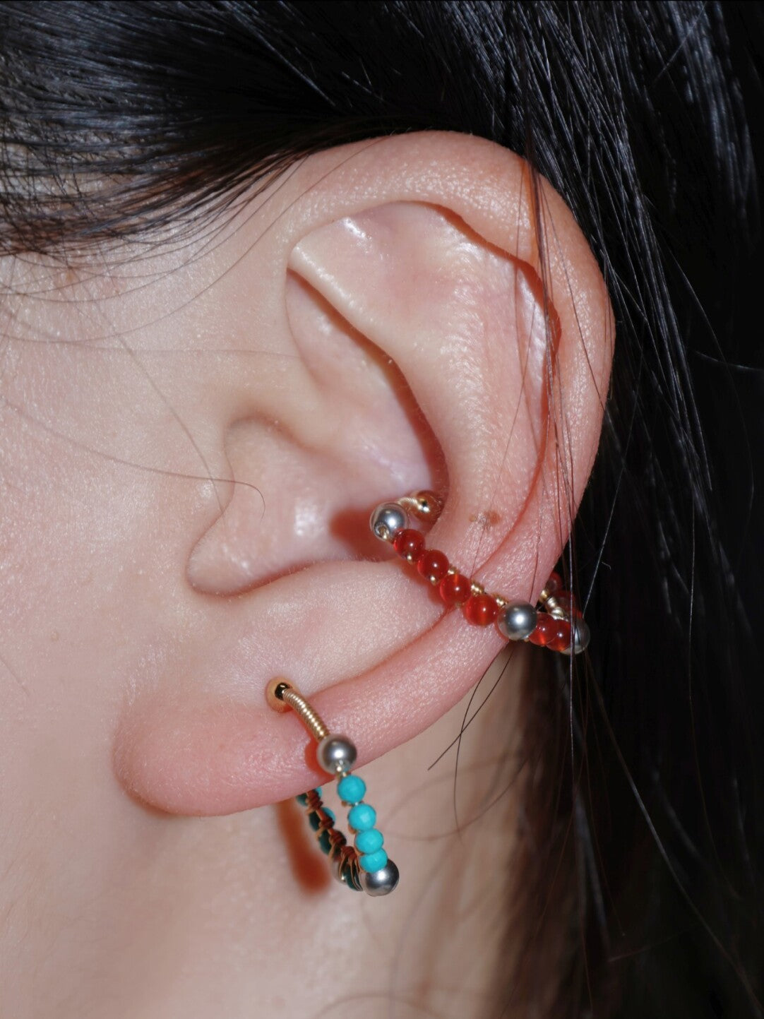 「Chinoiserie」Handmade Mini Red and Green Earring Clips - Lumivault