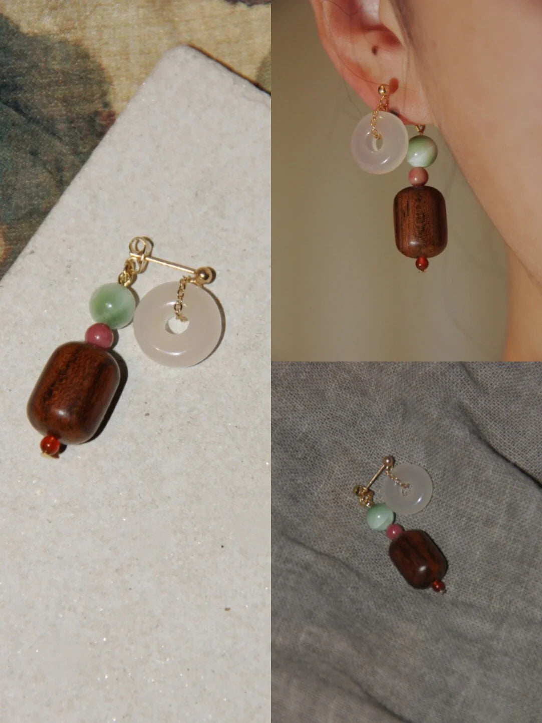 Chinoiserie Lucky Jade Wooden Beaded Earrings,Lumivault.