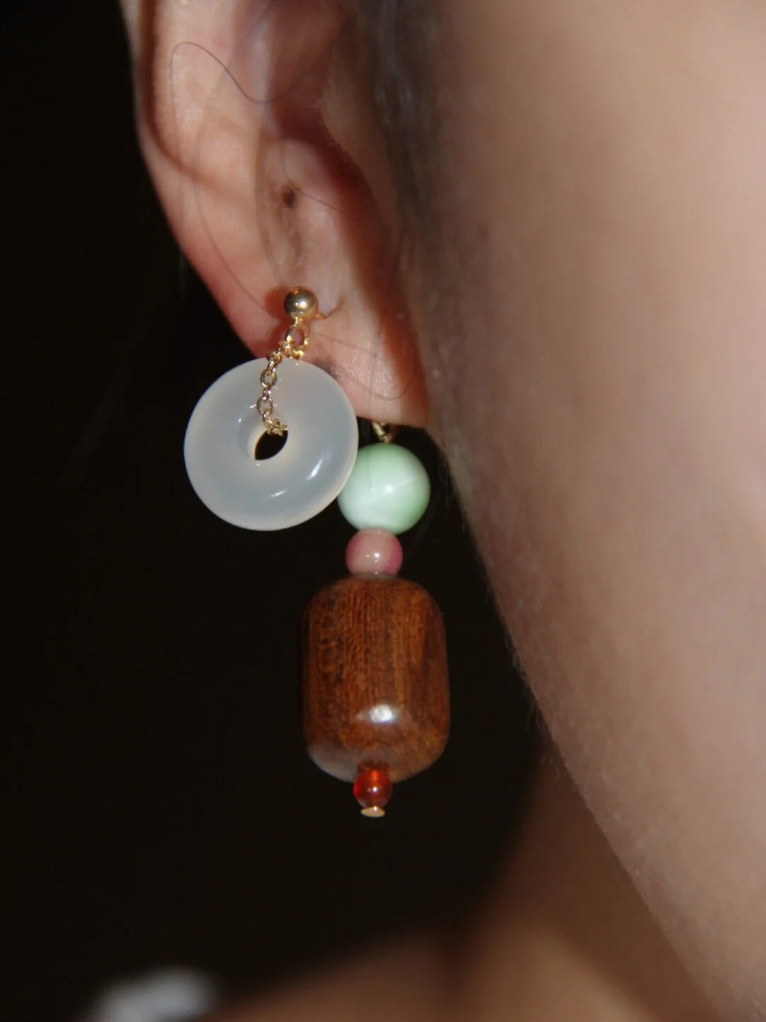 Chinoiserie Lucky Jade Wooden Beaded Earrings,Lumivault.