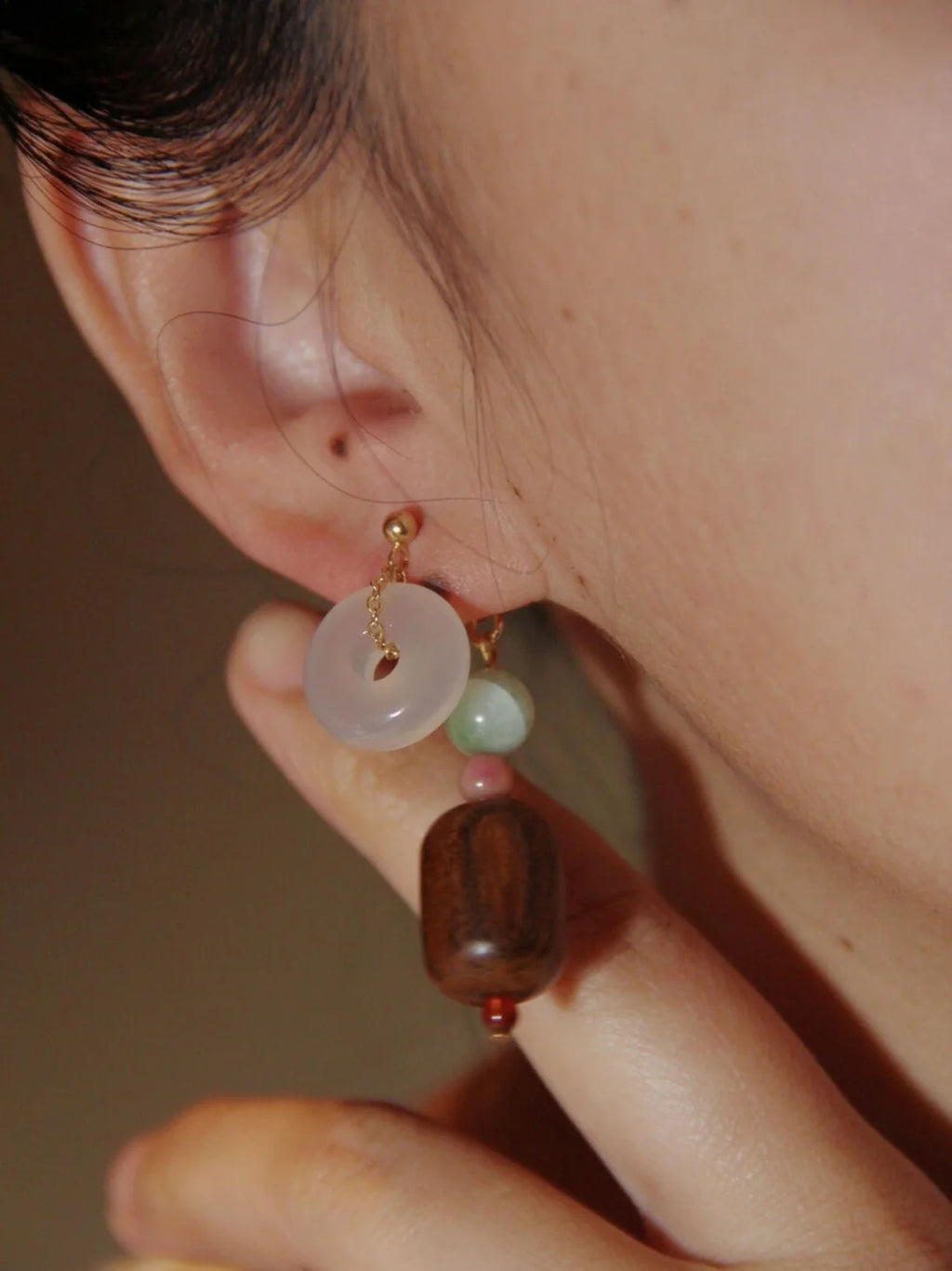 Chinoiserie Lucky Jade Wooden Beaded Earrings,Lumivault.