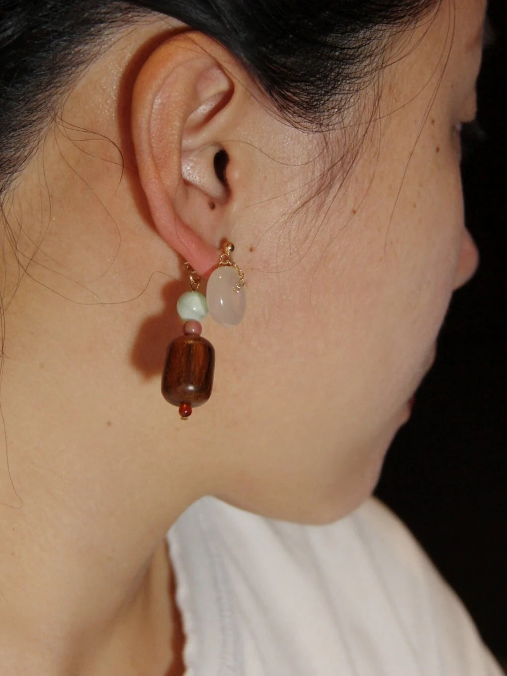 Chinoiserie Lucky Jade Wooden Beaded Earrings,Lumivault.