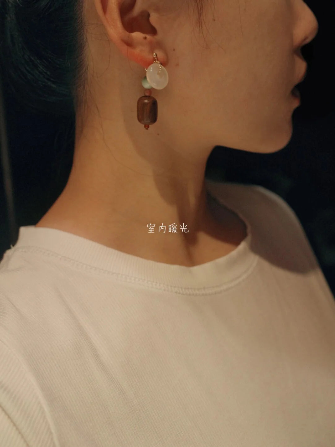 Chinoiserie Lucky Jade Wooden Beaded Earrings