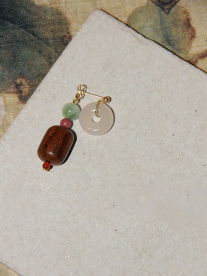 Chinoiserie Lucky Jade Wooden Beaded Earrings
