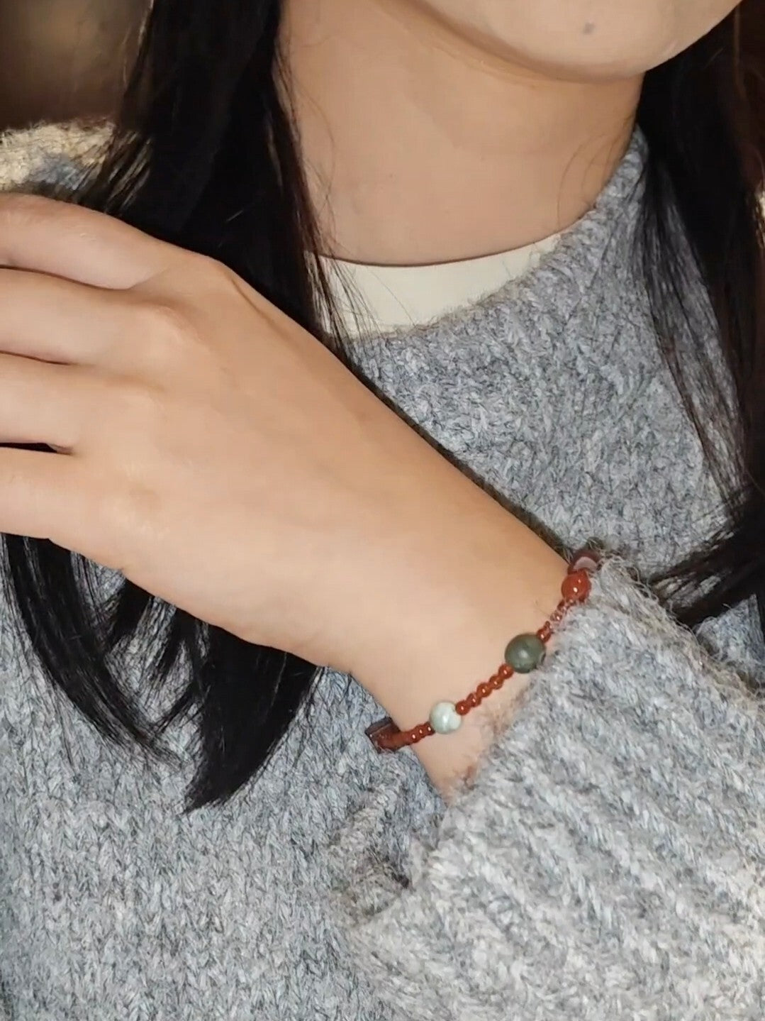 Chinoiserie Lucky Red Agate Beaded Bracelet