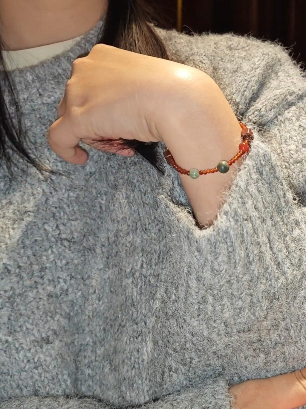 Chinoiserie Lucky Red Agate Beaded Bracelet,Lumivault.