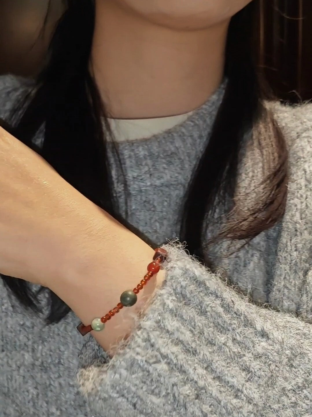 Chinoiserie Lucky Red Agate Beaded Bracelet