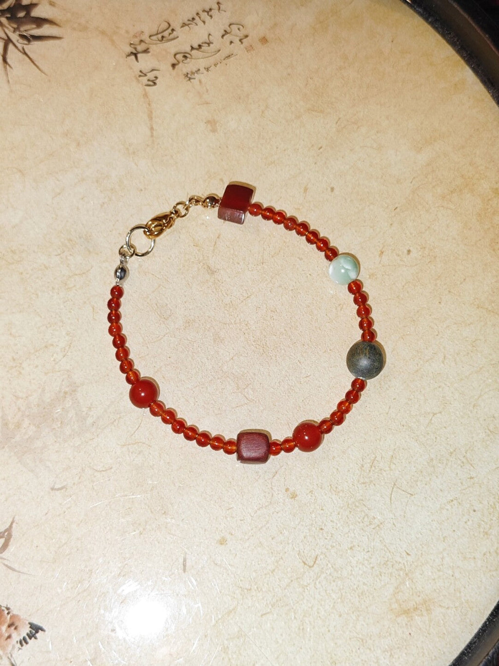 Chinoiserie Lucky Red Agate Beaded Bracelet,Lumivault.