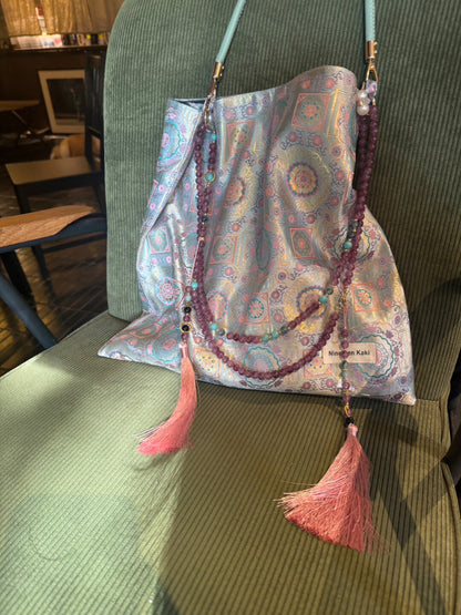 Chinoiserie Luxury Classic Pattern Jade Beaded Tassel Silk Bag - Lumivault