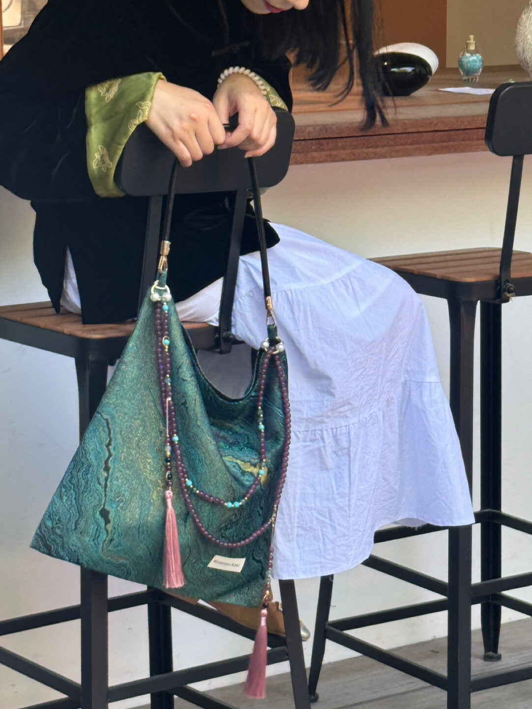 Chinoiserie Luxury Green Metallic Jade Beaded Tassel Silk Bag - Lumivault