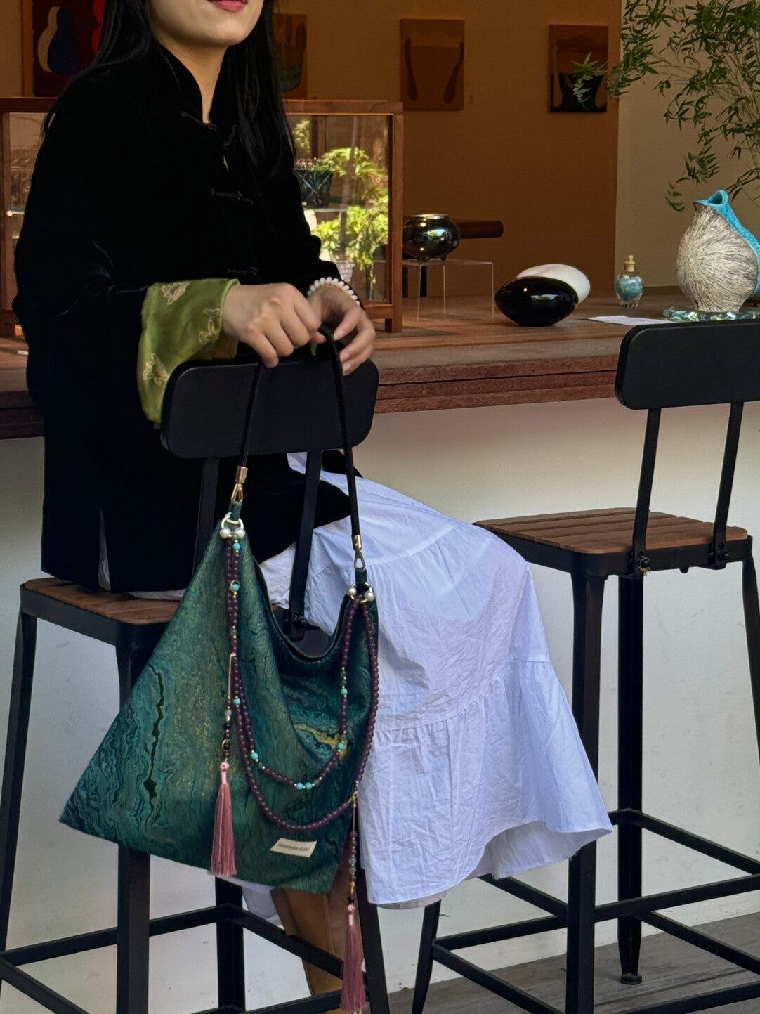Chinoiserie Luxury Green Metallic Jade Beaded Tassel Silk Bag - Lumivault