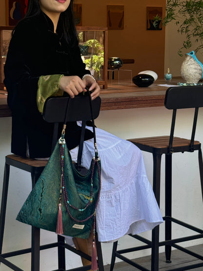 Chinoiserie Luxury Green Metallic Jade Beaded Tassel Silk Bag - Lumivault
