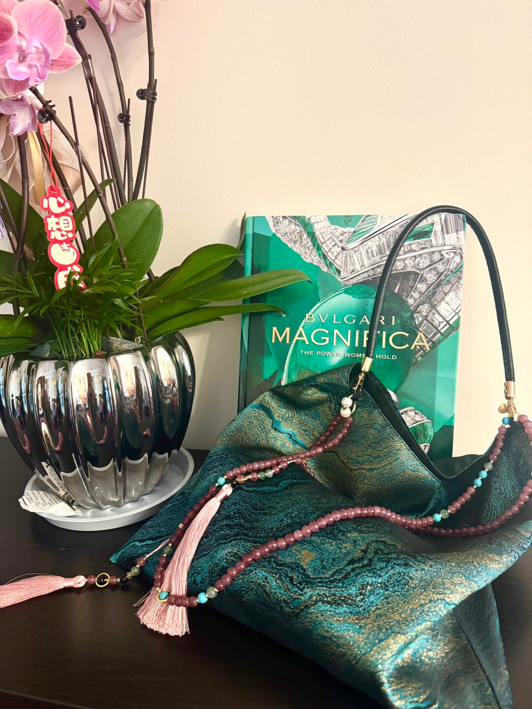 Chinoiserie Luxury Green Metallic Jade Beaded Tassel Silk Bag - Lumivault
