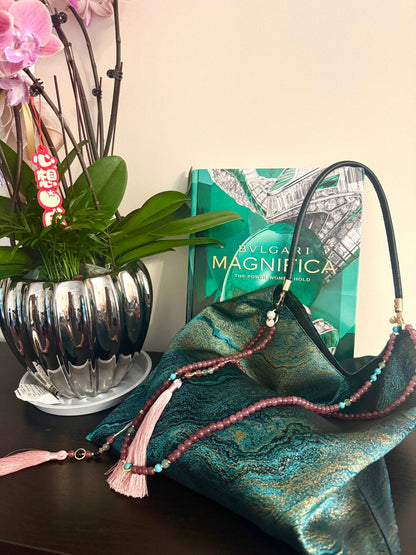 Chinoiserie Luxury Green Metallic Jade Beaded Tassel Silk Bag - Lumivault