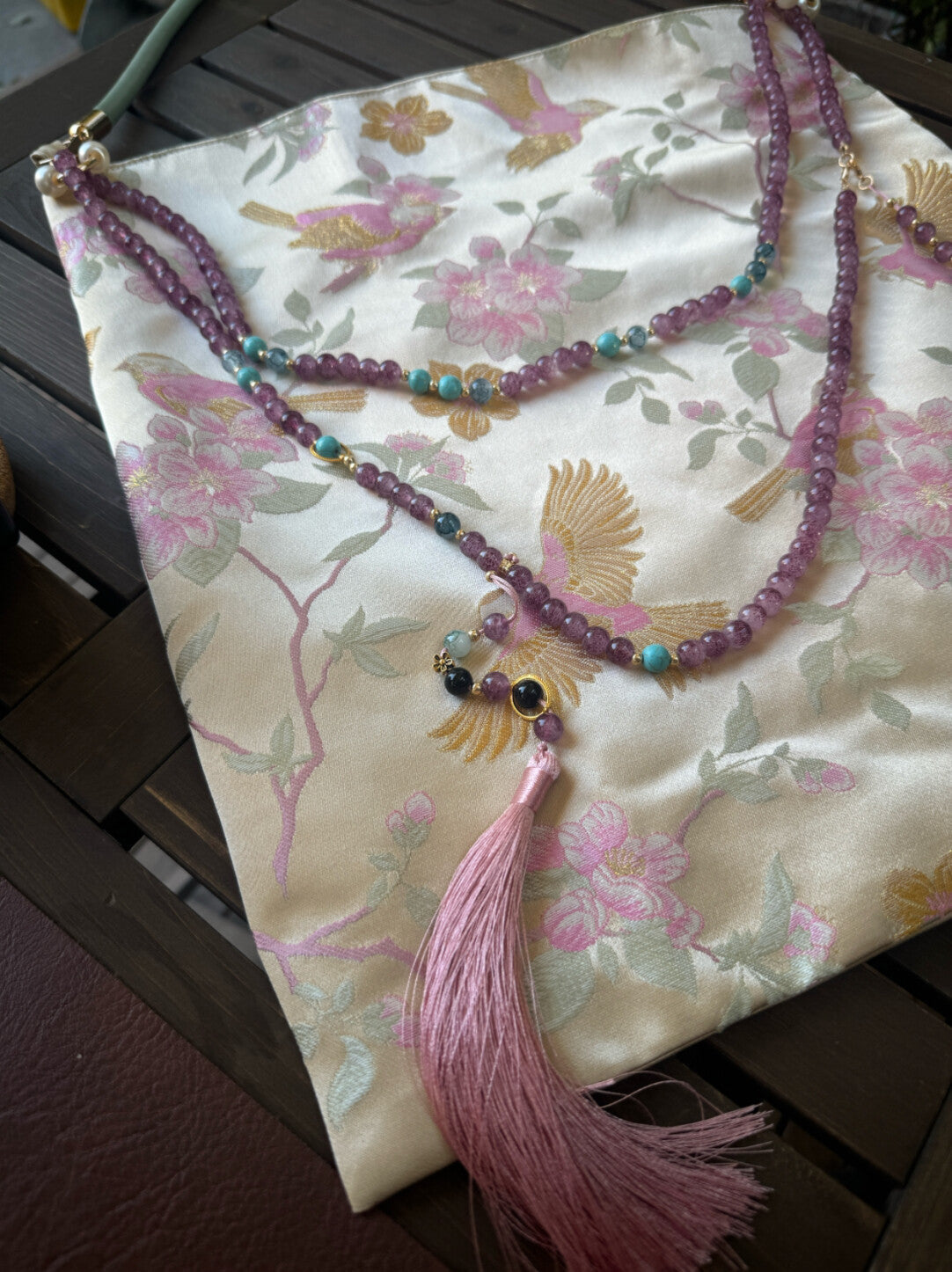 Chinoiserie Luxury Peach Blossom Magpie Purple Beads Tassel Silk Bag - Lumivault