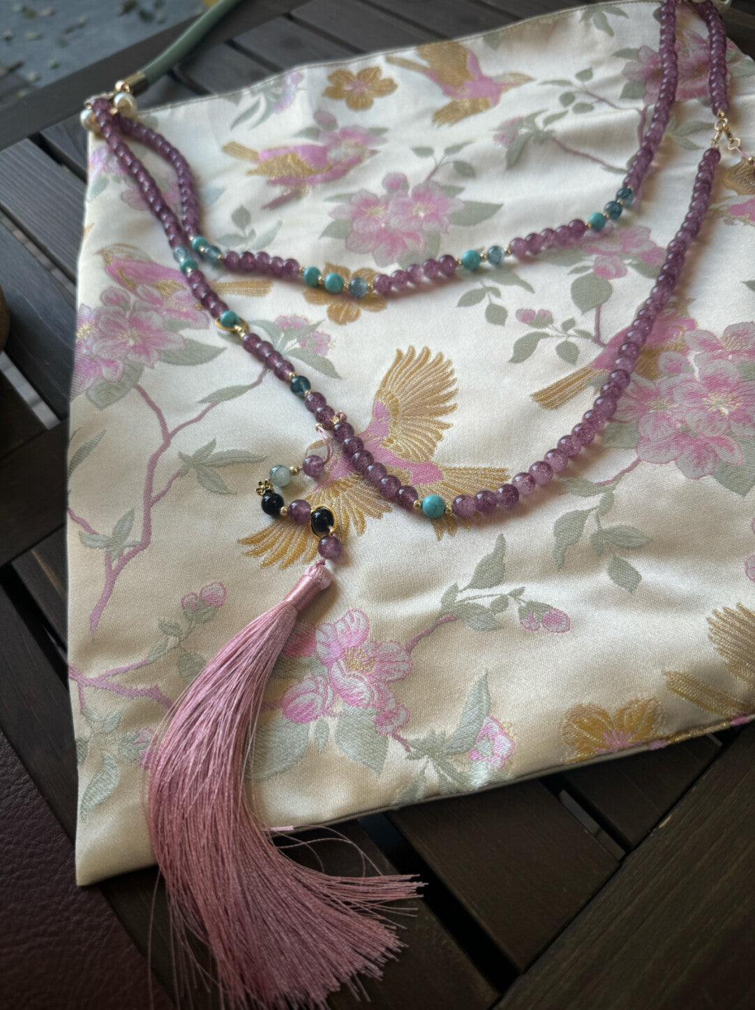 Chinoiserie Luxury Peach Blossom Magpie Purple Beads Tassel Silk Bag - Lumivault