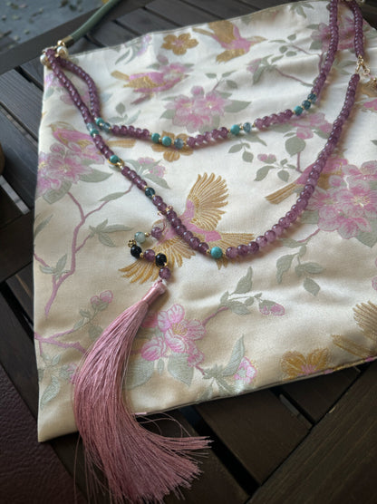 Chinoiserie Luxury Peach Blossom Magpie Purple Beads Tassel Silk Bag - Lumivault