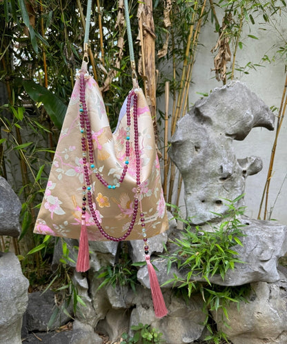 Chinoiserie Luxury Peach Blossom Magpie Purple Beads Tassel Silk Bag - Lumivault