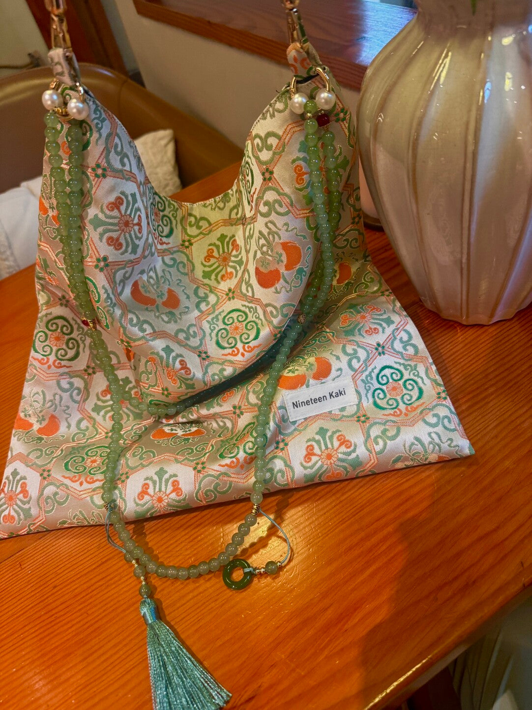 Chinoiserie Luxury Persimmon Jade Beaded Tassel Silk Bag - Lumivault
